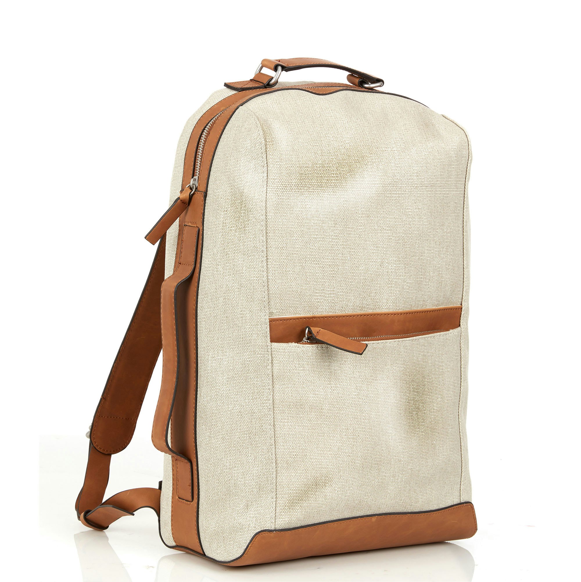backpack-retouching-create-reduction-before E-commerce photo of tan backpack with leather trim, showing some shadows